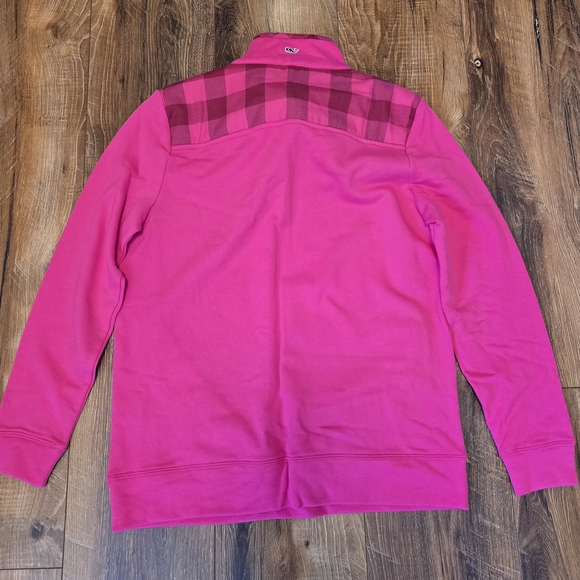 Vineyard Vines Women's V-Neck Pullover in Bright Pink with Plaid Yoke - Picture 3 of 3